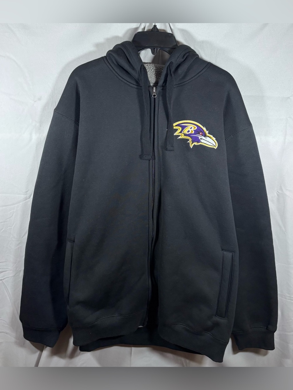 NFL Baltimore Ravens Black Gray Sherpa Lined Zip Up Jacket XXL Embroidered Patch